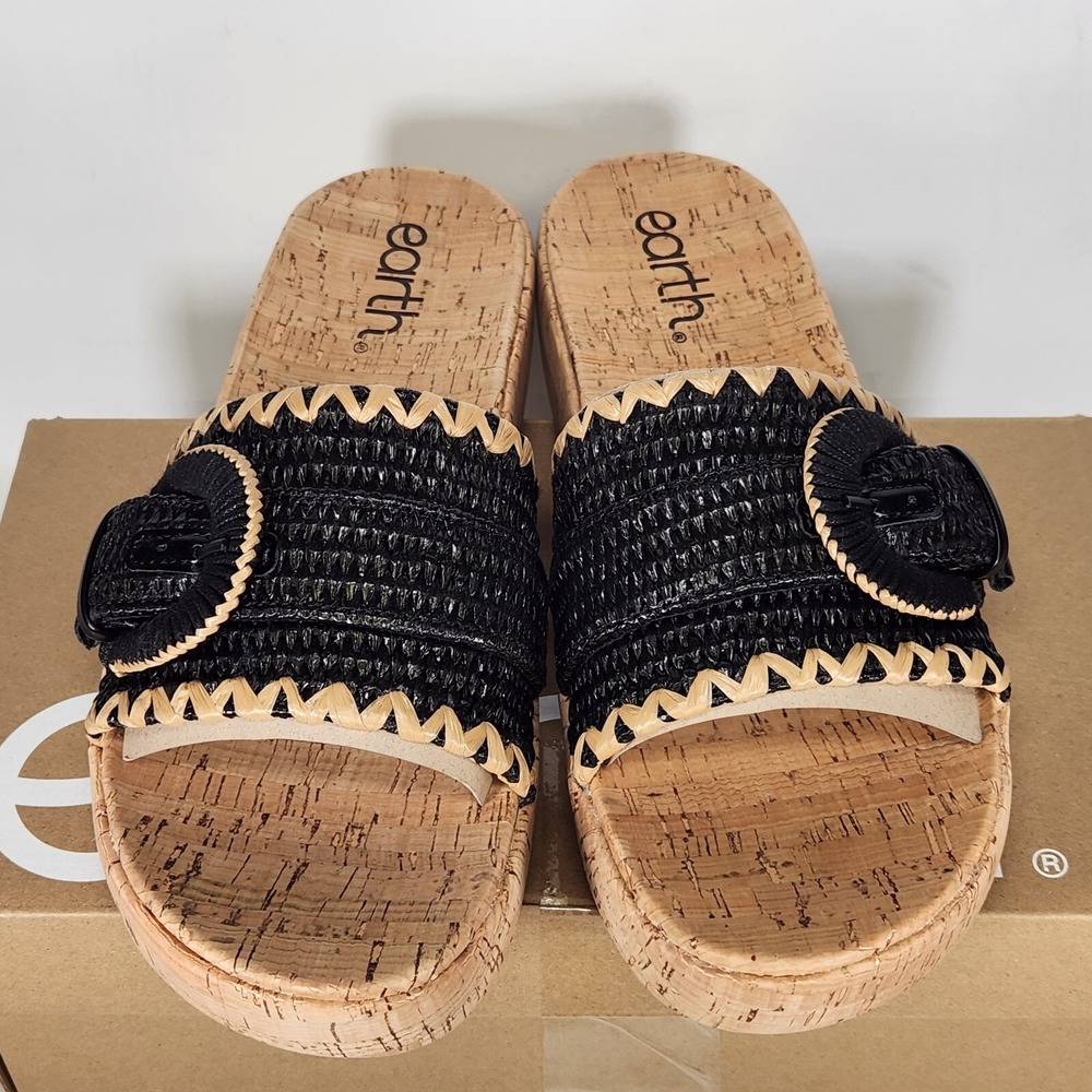 Earth Sandals Women Size 10 Black Woven Raffia Cork Platform Slides ETSAMSY2 - Picture 3 of 7
